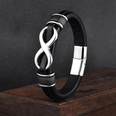 Pulsera de Cuero Minimalista con Símbolo de Infinito de Acero Inoxidable para Hombre Cierre Magnético de Metal Pulido Joyería