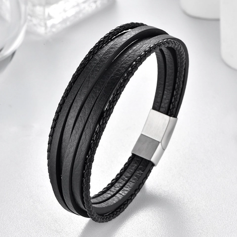 Men's Multi-layer Woven Microfiber Leather Bracelet With Stainless Steel Magnetic Clasp Punk Fashion Minimalist Jewelry
