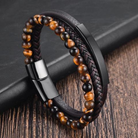 Men Multi-Layer Yellow Tiger Eye Beaded Bracelet Handmade Woven Leather Rope Stainless Steel Magnetic Clasp Trendy Jewelry