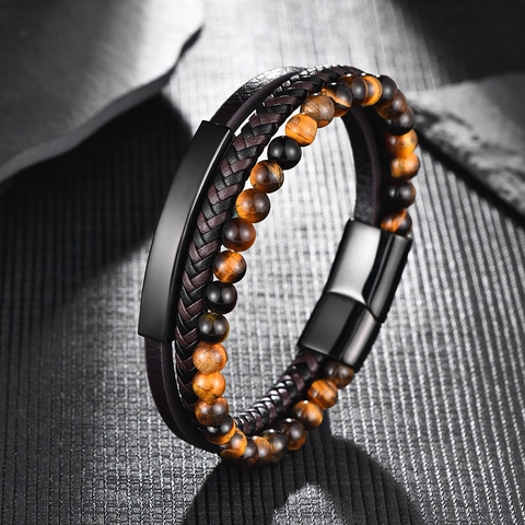 Men Multi-Layer Yellow Tiger Eye Beaded Bracelet Handmade Woven Leather Rope Stainless Steel Magnetic Clasp Trendy Jewelry