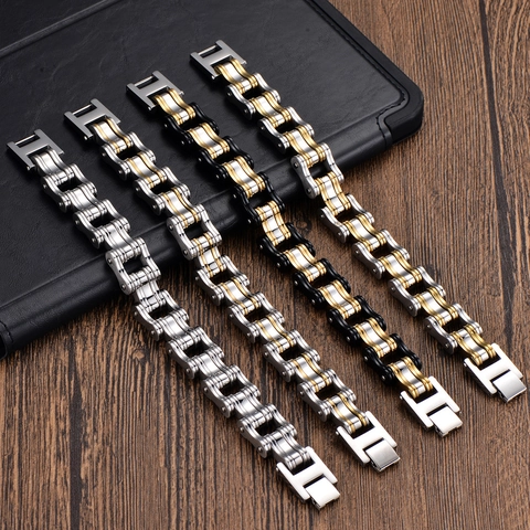 Men's Hip Hop 304 Stainless Steel Motorcycle Bike Chain Bracelet Industrial Punk Style Biker Link Chain Jewelry Gift For Men