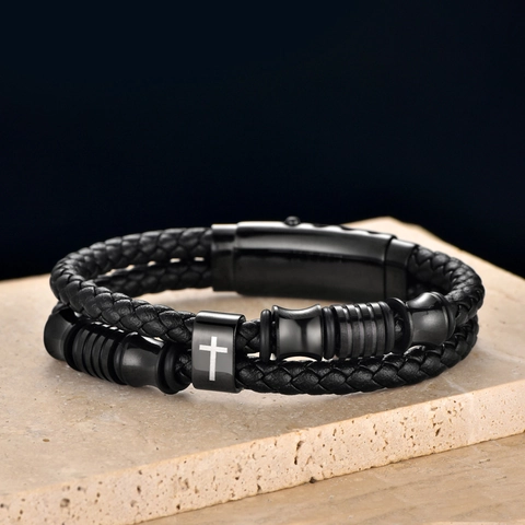 Men's Stainless Steel Braided Leather Bracelet Cross Magnetic Clasp Religious Bible Verse Double Layer Punk Jewelry Gift