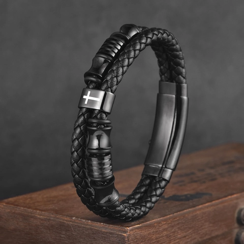 Men's Stainless Steel Braided Leather Bracelet Cross Magnetic Clasp Religious Bible Verse Double Layer Punk Jewelry Gift