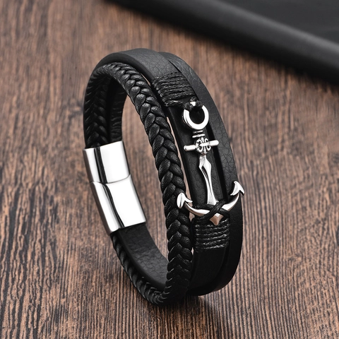 Herren Edelstahl Anker Lederarmband Mehrlagig Geflochten Nautischer Stil Armband Mit Magnetverschluss Mode Schmuck