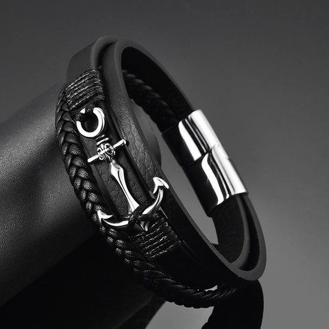 Herren Edelstahl Anker Lederarmband Mehrlagig Geflochten Nautischer Stil Armband Mit Magnetverschluss Mode Schmuck