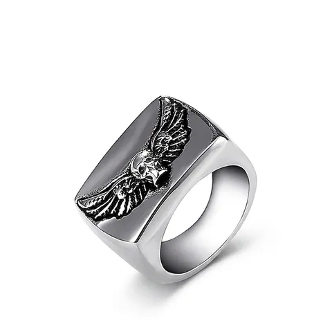 Retro Stainless Steel Skull Wing Ring For Men Punk Gothic Biker Finger Jewelry Vintage Silver Color Distressed Metal Ring
