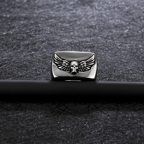 Retro Stainless Steel Skull Wing Ring For Men Punk Gothic Biker Finger Jewelry Vintage Silver Color Distressed Metal Ring