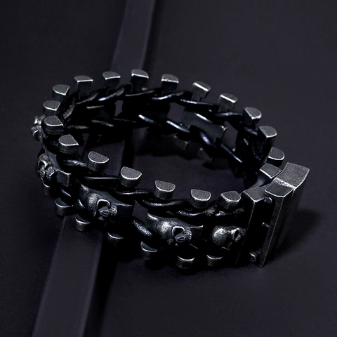 Bracelet Vintage Punk Crâne en Acier Inoxydable et Cuir de Vachette Tressé pour Hommes Style Gothique Industriel Bijoux