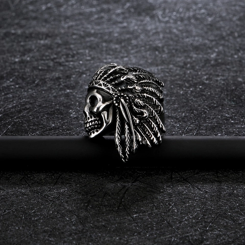 Vintage Stainless Steel Indian Chief Skull Ring For Men Gothic Punk Biker Distressed Feather Finger Ring Jewelry Gift