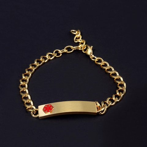 Unisex 304 Stainless Steel Medical Alert ID Bracelet With Star Of Life Symbol Gold Plated Cuban Link Chain Emergency Jewelry