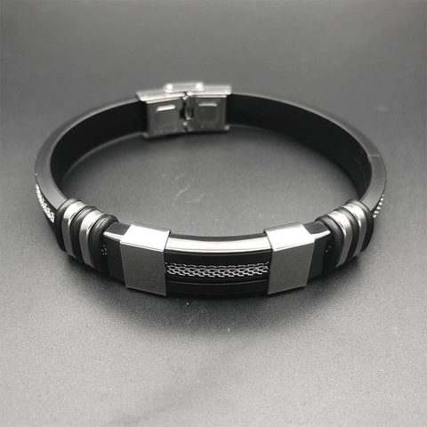 Bracelet Homme Moderne en Acier Inoxydable 304 et Silicone Punk Rock Industriel Noir Maille Incrustée Bijoux Mâle 22cm