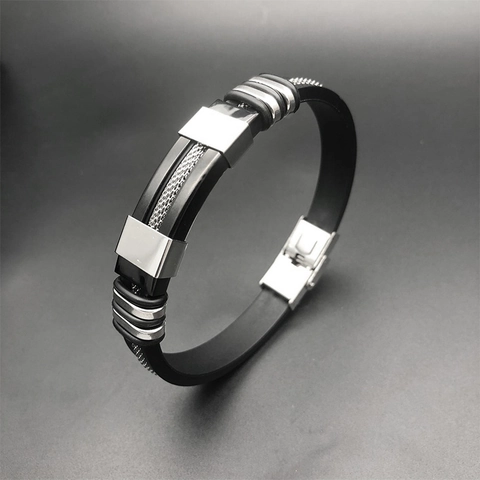 Bracelet Homme Moderne en Acier Inoxydable 304 et Silicone Punk Rock Industriel Noir Maille Incrustée Bijoux Mâle 22cm