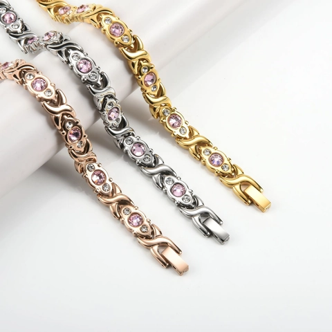 Luxury Stainless Steel Magnetic Therapy Bracelet For Women Two-tone Gold Silver Rhinestone Inlaid Geometric Health Jewelry