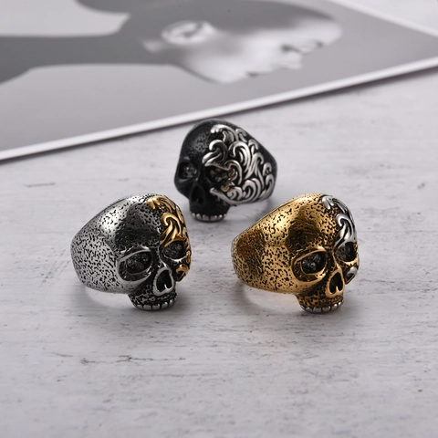 Vintage Gothic Skull Ring For Men Stainless Steel Punk Rock Jewelry Bi-color Gold Black Silver Inlaid Rhinestone Eye Skeleton Ring