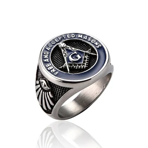 Anello Massonico Vintage in Acciaio Inossidabile per Uomo Smalto Blu Squadra e Compasso Massoneria Anello Retrò Biker Gioielli