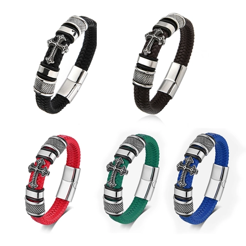 Men's Vintage Stainless Steel Cross Braided Leather Bracelet With Magnetic Buckle Punk Hip Hop Fashion Jewelry For Gift