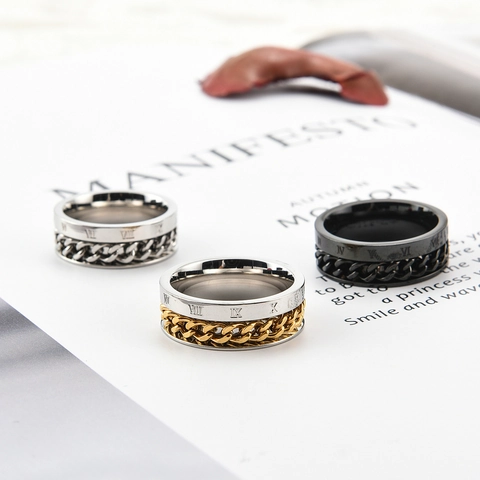 Anillo de Cadena Giratorio de Acero Inoxidable para Hombre Con Números Romanos Anillo de Dedo Rotatorio Joyería Estilo Punk Industrial