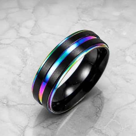 Anello a Fascia da Uomo Minimalista in Acciaio Inossidabile a Righe Arcobaleno Cangianti Nero Oro Bicolore Gioielli Geometrici