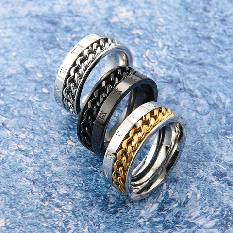 Anillo de Cadena Giratorio de Acero Inoxidable para Hombre Con Números Romanos Anillo de Dedo Rotatorio Joyería Estilo Punk Industrial