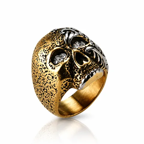 Vintage Gothic Skull Ring For Men Stainless Steel Punk Rock Jewelry Bi-color Gold Black Silver Inlaid Rhinestone Eye Skeleton Ring