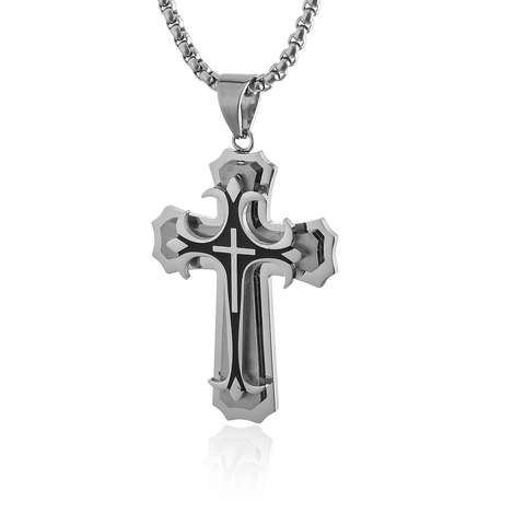 Collier Pendentif Croix en Alliage Acier Inoxydable Gothique Hip Hop Double Couche Strass Incrusté Bijoux Religieux Hommes Femmes Cadeau