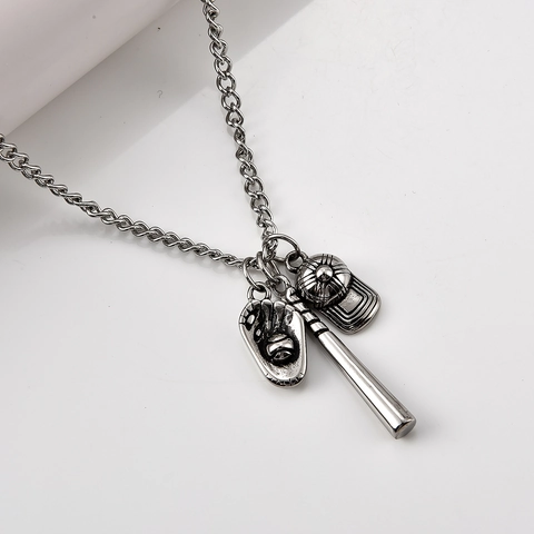 Collier Pendentif Baseball en Acier Inoxydable pour Hommes Batte Gant Casquette Charms Bijoux Rétro Sans Chaîne