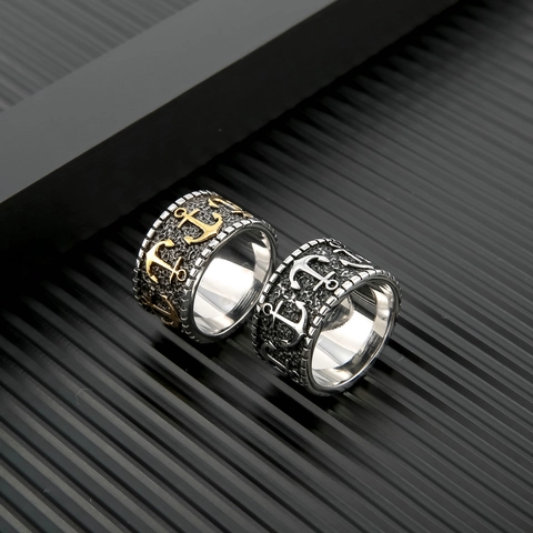 Men Vintage Stainless Steel Anchor Ring Retro Punk Nautical Embossed Signet Band Distressed Gothic Fashion Jewelry For Men Gift