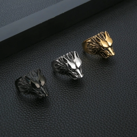 Vintage Wolf Head Stainless Steel Ring For Men Retro Gothic Punk Animal Biker Style Heavy Metal Statement Finger Ring Jewelry