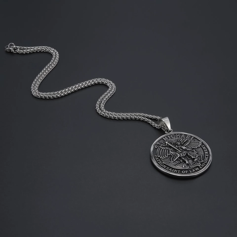 Collar Con Colgante De San Miguel Patrón De La Policía Para Hombre Medalla Redonda Vintage De Acero Inoxidable Joyería Religiosa Regalo