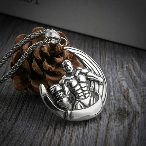 Stainless Steel Fitness Muscle Man Moon Pendant Necklace Dumbbell Weightlifting Sporty Jewelry Gym Strength Gift For Men
