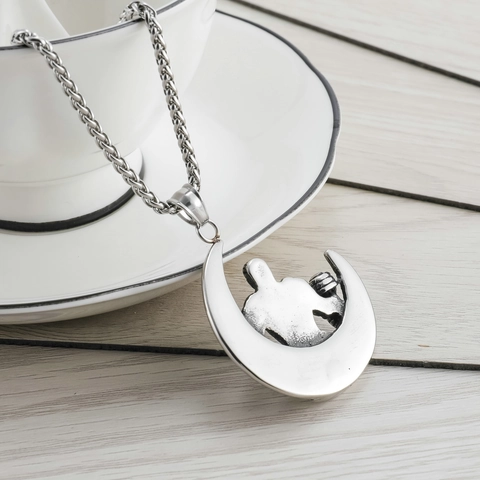 Stainless Steel Fitness Muscle Man Moon Pendant Necklace Dumbbell Weightlifting Sporty Jewelry Gym Strength Gift For Men