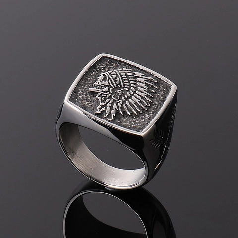 Vintage Stainless Steel Native American Indian Chief Totem Skull Signet Ring For Men Punk Biker Fashion Jewelry Gift