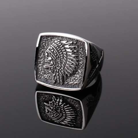 Vintage Stainless Steel Indian Chief Signet Ring For Men Retro Punk Hip Hop Biker Jewelry Feather Totem Band Ring