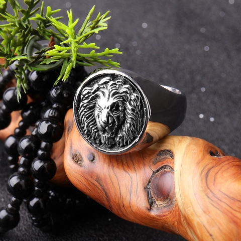 Anello in Acciaio Inossidabile con Testa di Leone Retrò per Uomo Leone Re Animale Rilievo Anello Sigillo Oro Argento Gioielli Punk