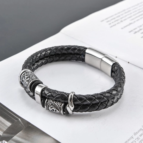 Viking Nordic Mens Double Braided Leather Bracelet With Stainless Steel Magnetic Clasp Vintage Punk Jewelry Hand Chain