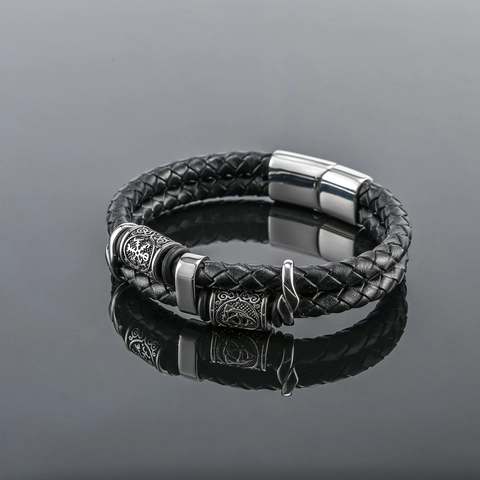 Viking Nordic Mens Double Braided Leather Bracelet With Stainless Steel Magnetic Clasp Vintage Punk Jewelry Hand Chain