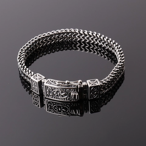Herren Vintage Edelstahl Zweireihig Franco Kette Armband Geflochten Punk Hip Hop Schmuck Mit Ankh Irisblüte Steckverschluss