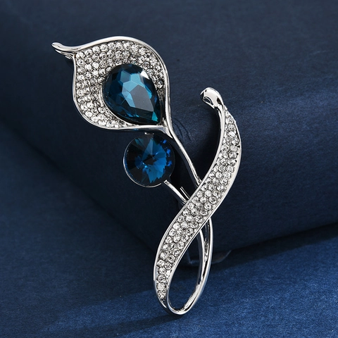 Eleganter Blumen Brosche Pin Für Damen Luxus Legierung Mit Blau Birne Form Strass Kristall Korsage Mode Schmuck Geschenk
