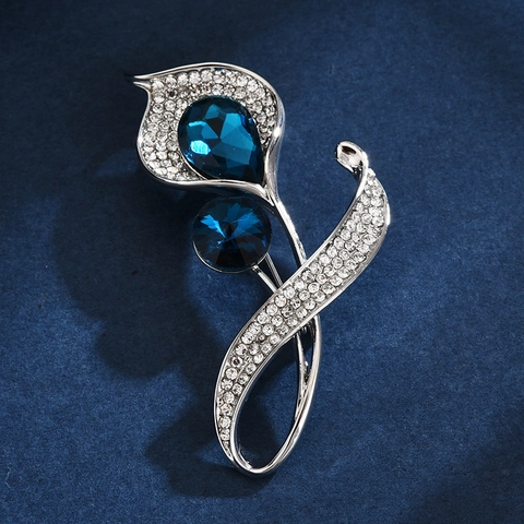 Eleganter Blumen Brosche Pin Für Damen Luxus Legierung Mit Blau Birne Form Strass Kristall Korsage Mode Schmuck Geschenk
