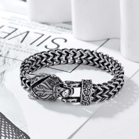 Bracelet Tête De Loup Viking Nordique Pour Hommes Rétro Punk Double Rangée Tissé Heavy Metal Biker Bangle Bijoux Cadeau