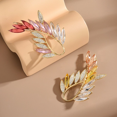 Koperen Broche Olijftak Blad Voor Dames Hoge Kwaliteit Zirconia Elegante Speld Kleding Accessoires Sieraden Cadeau