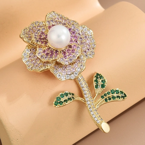 Broche de Camelia de Lujo Para Mujer Cobre de Alta Calidad Circonia Perla Artificial Alfiler Degradado Para Trajes Joyería