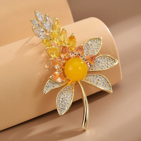 Elegant Wheat Ear Flower Brooch Copper Zirconia Beeswax Inlaid Leaf Pin For Women Suit Coat Accessory Decorative Corsage Jewelry