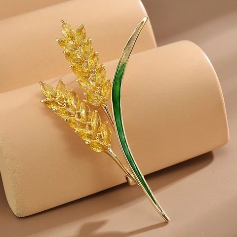 Elegante Vergoldete Kupfer Weizenähre Brosche Für Damen Hochwertige Zirkonia Eingelegt Grüne Emaille Botanische Anzug Nadel