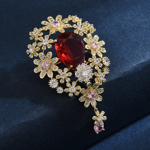 Broche de Cobre Floral Estilo Palacio Vintage Con Circonia Gota de Agua Elegante Ramillete de Flores Para Accesorios de Ropa de Mujer
