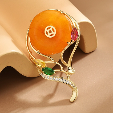 Vintage Gold Plated Copper Brooch With Honey Wax Amber And Multicolor Zircon Coin Symbol Jewelry For Women Suit Decoration