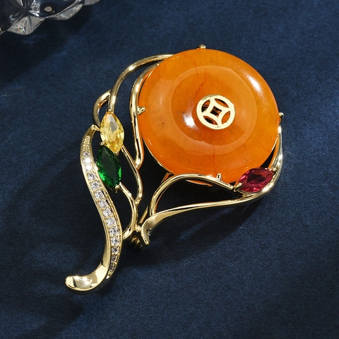 Vintage Gold Plated Copper Brooch With Honey Wax Amber And Multicolor Zircon Coin Symbol Jewelry For Women Suit Decoration