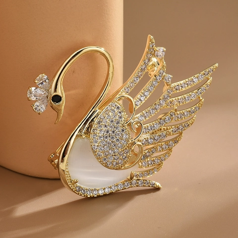 Elegante Spilla a Cigno in Zirconia Placcata in Oro In Rame Con Pietra Occhio di Gatto Per Donna Matrimonio Festa Stile Coreano