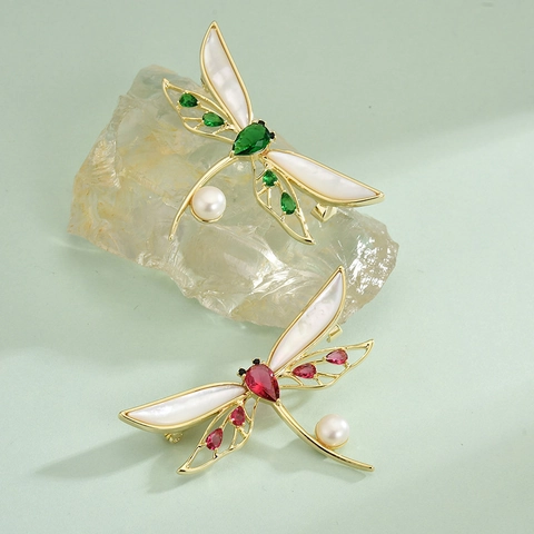Broche de Libélula Vintage Con Alas de Madreperla Zirconia Y Perla Artificial de Imitación Cobre Chapado en Oro Joyería Mujer