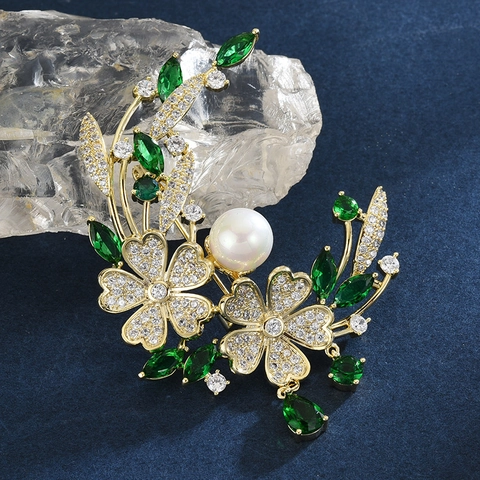 Vintage Chinesischer Stil Kupfer Blumen Brosche Mit Grünen Zirkonia Und Künstliche Perle Elegant Damen Schmuck Brosche